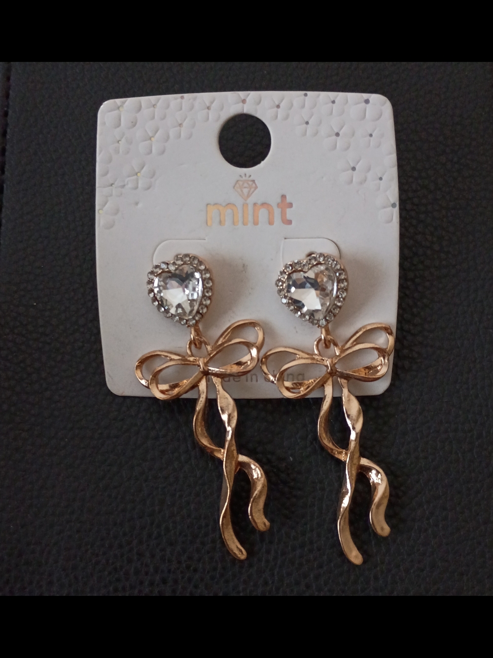 Mint Gold Bow Drop Earrings with Clear Heart Crystals